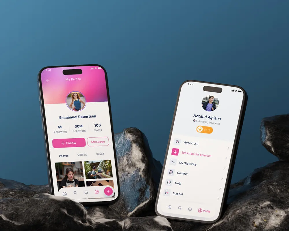 Mockup de aplicativo social exibido em dois smartphones, com tela de perfil e configurações.