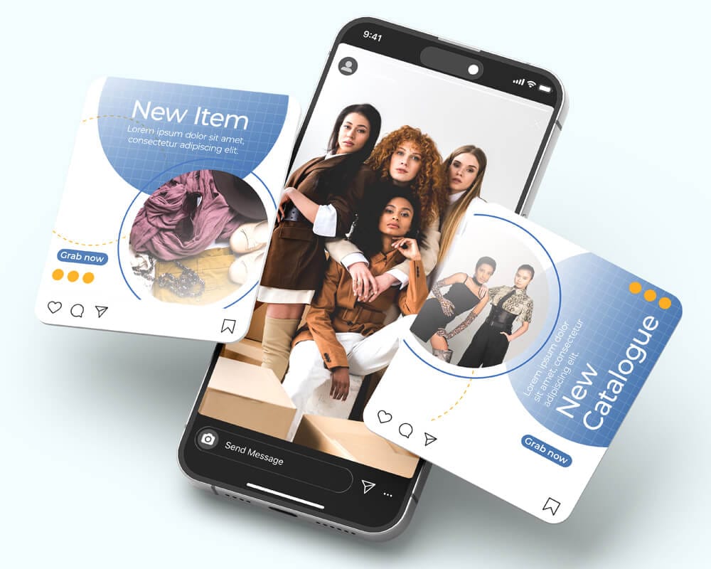 Mockup de celular exibindo posts de moda e catálogo de roupas no estilo Instagram.