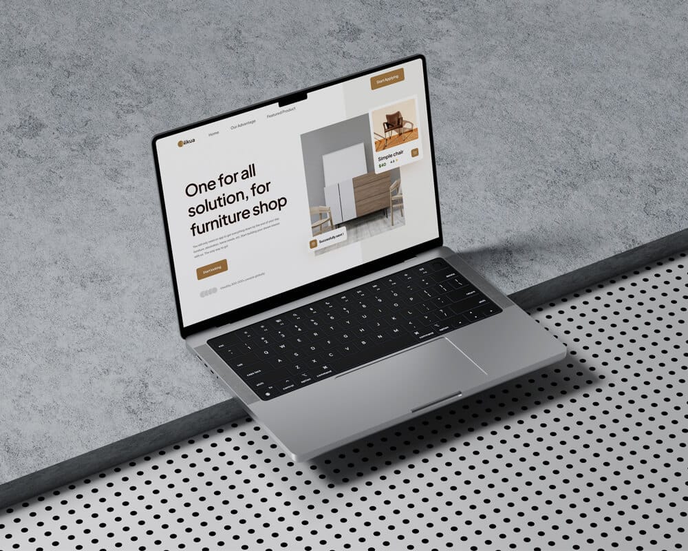 Mockup de notebook exibindo site de loja de móveis com design elegante e minimalista.
