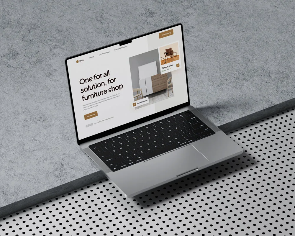 Mockup de notebook exibindo site de loja de móveis com design elegante e minimalista.