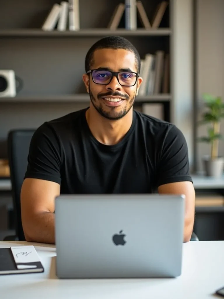 Web designer sorrindo em ambiente profissional, trabalhando com notebook.